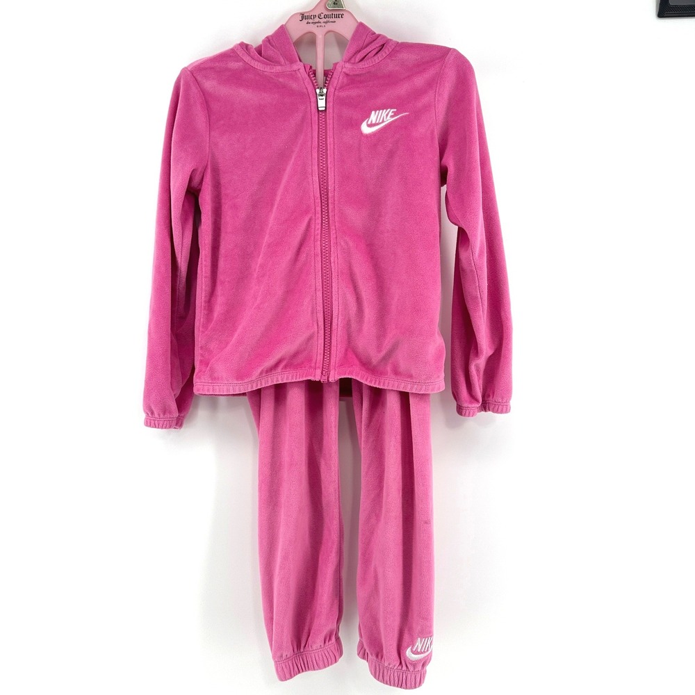 Nike Tracksuit Girls 6 Pink Solid Regular Fit Y2K Velour Hoodie Pants Set